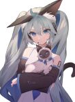  1girl absurdres ahoge animal animal_ear_fluff animal_ears animal_hug bare_shoulders black_sleeves blue_eyes blue_hair blue_necktie blush cat cat_ears cat_girl cat_tail closed_mouth collarbone collared_shirt cowboy_shot detached_sleeves hair_between_eyes hair_ornament hatsune_miku headset highres holding holding_animal holding_cat kemonomimi_mode long_hair long_sleeves looking_at_viewer microphone mihoranran necktie number_tattoo shirt sidelocks simple_background sleeveless sleeveless_shirt solo tail tattoo twintails very_long_hair vocaloid white_background white_shirt 