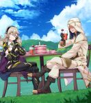  boots cake cloak clouds cloudy_sky corrin_(female)_(fire_emblem) corrin_(fire_emblem) eating fire_emblem fire_emblem_fates fire_emblem_heroes food grey_hair hairband highres hood hood_up hooded_cloak igni_tion kiran_(fire_emblem) kiran_(male)_(fire_emblem) leather leather_boots on_grass outdoors sky spoon strawberry_milk strawberry_shortcake 