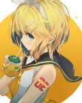  1girl absurdres arm_tattoo blonde_hair drinking hair_ornament hairband hairpin highres kagamine_rin looking_at_viewer looking_to_the_side mihoranran nail_polish orange_juice ribbon sailor_collar short_hair simple_background solo tattoo upper_body vocaloid white_hairband white_ribbon yellow_nails 