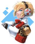  1girl aegis_(persona) artist_name blonde_hair blue_eyes breasts burnt_green_tea gloves highres lips looking_at_viewer medium_breasts persona persona_3 red_armband red_ribbon ribbon robot_girl s.e.e.s short_hair smile solo upper_body white_gloves 