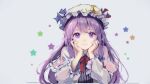  1girl :3 angelica_n19 blue_bow blue_ribbon bow bowtie capelet closed_mouth commentary crescent crescent_hat_ornament dress hair_bow hands_on_own_chin hat hat_ornament hat_ribbon light_smile long_hair long_sleeves looking_at_viewer mob_cap patchouli_knowledge purple_hair red_bow red_bowtie red_ribbon ribbon simple_background solo star_(symbol) striped striped_dress touhou upper_body very_long_hair violet_eyes white_background 