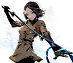  1girl belt black_gloves breasts brown_eyes brown_hair brown_jacket buttons closed_mouth cofffee fighting_stance gloves holding holding_whip jacket light_particles lips looking_at_viewer military military_uniform outstretched_hand short_hair simple_background solo the_king_of_fighters the_king_of_fighters_xv uniform upper_body whip whip_(kof) 