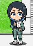  1girl black_hair blue_eyes blue_hair chibi earpiece full_body gloves gundam gundam_suisei_no_majo looking_at_viewer mechanic multicolored_hair nika_nanaura object_hug smile solo ttakuhana3103 two-tone_hair vest white_vest 