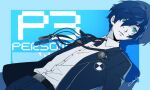  1boy blue_eyes blue_hair blue_theme closed_mouth collared_shirt copyright_name gekkoukan_high_school_uniform hair_between_eyes jacket male_focus neck_ribbon open_clothes open_jacket pants persona persona_3 persona_3_reload ribbon school_uniform shirt signature simple_background solo werkbau yuuki_makoto 