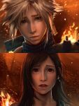 1boy 1girl armor bare_shoulders black_hair blonde_hair blue_eyes blurry blurry_background buster_sword closed_mouth cloud_strife commentary earrings english_commentary final_fantasy final_fantasy_vii final_fantasy_vii_remake fire highres jewelry lips long_hair outdoors parted_lips portrait realistic red_eyes ribbed_sweater safaiaart shoulder_armor single_earring spiky_hair sweater swept_bangs teardrop_earring tifa_lockhart turtleneck turtleneck_sweater upper_body weapon weapon_on_back wind 