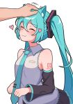  1boy 1girl animal_ears bare_shoulders black_skirt blue_hair blue_necktie blush breasts character_name closed_eyes collared_shirt detached_sleeves grey_shirt hair_between_eyes hand_on_another&#039;s_head happy hatsune_miku headpat heart highres kemonomimi_mode kumada_gaon long_hair looking_to_the_side miniskirt necktie number_tattoo shirt shoulder_tattoo skirt small_breasts smile solo_focus tattoo twintails very_long_hair vocaloid wide_sleeves 