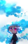  1girl black_jacket blue_eyes glowing glowing_eyes hand_in_pocket highres inkling inkling_girl jacket letter_hair_ornament light_blush looking_back red_eyes shie_(mmmmmmmmmmyc) short_hair short_sleeves solo splatoon_(series) tentacle_hair thick_eyebrows 