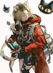  1boy animal_ears animal_print blonde_hair blue_shorts cat_ears cat_print closed_mouth coat haikyuu!! handheld_game_console highres huangdanlan kozume_kenma looking_to_the_side male_focus multicolored_hair red_coat shorts simple_background solo streaked_hair white_background yellow_eyes 