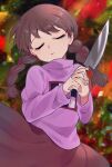  1girl :| abstract_background blush braid brown_hair closed_eyes closed_mouth expressionless eyelashes film_grain fingernails hands_up head_tilt highres holding holding_knife kitchen knife lips long_hair long_sleeves madotsuki pink_sweater purple_sweater raised_eyebrows red_skirt ruga_(vagryu) skirt solo sweater turtleneck turtleneck_sweater twin_braids twintails wind yume_nikki 