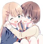  2girls :d absurdres arm_around_neck blue_eyes blue_shirt blush brown_hair brown_shirt dot_nose green_eyes hachiko_(hati12) hair_between_eyes hair_ornament hairclip highres hug knees_up legs_together light_brown_hair long_hair long_sleeves looking_at_another multiple_girls neck_ribbon one_eye_closed open_mouth original raised_eyebrows red_ribbon ribbon sailor_collar school_uniform serafuku shirt short_hair sidelocks simple_background sitting smile upper_body white_background white_sailor_collar yuri 