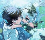  1boy 1girl black_hair blush bubble detached_sleeves dress eye_contact face-to-face genshin_impact green_sleeves grey_hair hair_ornament highres hirarinoie long_hair looking_at_another nahida_(genshin_impact) open_mouth parted_lips scaramouche_(genshin_impact) underwater upper_body white_hair 