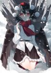  bird_wings black_hair black_skirt black_wings collared_shirt frilled_skirt frills hat highres icicle kneeling lotus_eaters notebook pointy_ears red_eyes scarf shameimaru_aya shirt skirt snow tokin_hat toraneko_2 touhou white_shirt wings 