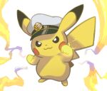  bright_pupils brown_eyes captain_pikachu closed_mouth clothed_pokemon commentary_request electricity hedgehog_(plkatyu) highres no_humans pikachu pokemon pokemon_(creature) simple_background smile solo white_background white_headwear white_pupils 