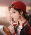  1girl blurry blurry_background brown_hair character_request curly_hair dong2342 highres holding holding_notepad jacket lipgloss notepad open_clothes open_jacket pen_to_mouth ponytail portrait realistic red_headwear red_jacket shirt slam_dunk_(series) solo thinking white_shirt 