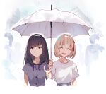 2girls black_hair blonde_hair closed_eyes closed_mouth collarbone commentary_request cropped_torso expressionless grey_shirt hair_between_eyes hair_ribbon highres holding holding_umbrella inoue_takina jewelry long_hair lycoris_recoil multiple_girls necklace nishikigi_chisato one_side_up open_mouth people rain red_ribbon ribbon shirt short_hair short_sleeves sidelocks tsukudani_(ore624) umbrella violet_eyes white_background white_shirt 