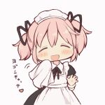  1girl absurdres cleaning closed_eyes commentary_request facing_viewer heart highres hitode kaname_madoka mahou_shoujo_madoka_magica maid maid_headdress pink_hair short_hair short_twintails simple_background solo translation_request twintails upper_body white_background wrist_cuffs 