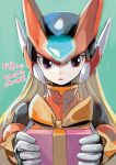  1boy android blonde_hair commentary_request gift helmet highres holding holding_gift long_hair looking_at_viewer male_focus mega_man_(series) mega_man_zero_(series) sumomo upper_body violet_eyes zero_(mega_man) 