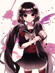  1girl black_sailor_collar black_skirt blunt_bangs blush brown_hair closed_mouth danganronpa_(series) danganronpa_v3:_killing_harmony flower hair_ornament hair_scrunchie hairclip harukawa_maki highres hio_(ichigosuki_0412) long_hair looking_at_viewer miniskirt mole mole_under_eye pink_background plaid plaid_skirt polka_dot_bowtie red_scrunchie red_shirt red_thighhighs redhead sailor_collar scrunchie shirt skirt smile solo thigh-highs white_background 