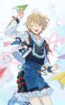  1boy ;d arrow_(symbol) arrow_through_heart blonde_hair blue_shirt blue_shorts bow bubble commentary earrings ensemble_stars! foot_out_of_frame frilled_shorts frills green_eyes hand_up heart heart_earrings holding_paper_airplane jacket jewelry jumping long_sleeves looking_at_viewer male_focus one_eye_closed open_mouth paper_airplane plaid plaid_bow sailor_collar seuga shiratori_aira_(ensemble_stars!) shirt short_hair shorts simple_background smile solo symbol-only_commentary teeth upper_teeth_only white_background white_jacket white_sailor_collar 