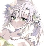  1girl blurry blurry_background bob_cut dress eiyuu_densetsu fie_claussell flower green_eyes hair_flower hair_ornament headband jewelry looking_at_viewer natsusechoco necklace pearl_necklace portrait rose sen_no_kiseki smile solo white_flower white_hair white_rose 