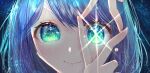  1girl absurdres blue_eyes blue_hair blush close-up closed_mouth commentary double_v eye_focus hair_between_eyes highres kurokawa_akane lens_flare looking_at_viewer mismatched_pupils no_pupils oshi_no_ko parted_bangs portrait smile solo star-shaped_pupils star_(symbol) symbol-shaped_pupils toomeirro v v_over_eye 