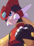  1boy absurdres android blonde_hair blue_eyes clenched_hand commentary_request cropped_jacket helmet highres light_frown long_hair male_focus mega_man_(series) mega_man_zero_(series) simple_background sora_roxas upper_body zero_(mega_man) 