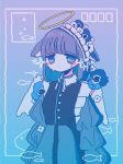  1girl anemone_(flower) arms_at_sides black_shirt blue_hair blue_skirt blush collared_shirt colored_inner_hair cowboy_shot dot_mouth fish fish-shaped_pupils flower glitch grey_eyes grey_hair halo highres jitome long_hair long_sleeves looking_at_viewer maid maid_headdress multicolored_hair original shirt sidelocks skirt solo sparkle sskitaco white_wings wings 