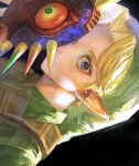  1boy black_background blonde_hair blue_eyes faux_traditional_media green_headwear green_tunic kataruruni link looking_at_viewer male_focus painting_(medium) pointy_ears simple_background solo the_legend_of_zelda the_legend_of_zelda:_majora&#039;s_mask traditional_media upper_body 