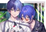  2boys aoyagi_touya black_choker blue_eyes blue_hair blue_nails chain_necklace choker closed_mouth collared_shirt commentary_request dark_blue_hair fingernails grey_eyes hair_between_eyes hand_on_another&#039;s_shoulder hat head_on_another&#039;s_shoulder headwear_removed highres holding holding_clothes holding_hat jewelry kaito_(vocaloid) leaf looking_at_viewer male_focus multicolored_hair multiple_boys necklace official_alternate_costume okuma_mai parted_lips project_sekai shirt short_hair signature split-color_hair sunglasses two-tone_hair upper_body vivid_bad_squad_(project_sekai) vivid_bad_squad_kaito vocaloid walk_on_and_on_(project_sekai) 