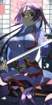  1girl architecture breasts cherry_blossoms east_asian_architecture fate/grand_order fate_(series) fingerless_gloves gauntlets gloves highres japanese_clothes katana kneeling loincloth long_hair looking_at_viewer minamoto_no_raikou_(fate) ookawa_(shiwahiwa) parted_bangs purple_hair shadow sword very_long_hair violet_eyes weapon 