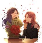  2girls absurdres asymmetrical_bangs bare_shoulders black_jacket blush bouquet brown_hair closed_eyes commentary_request crying flower green_hoodie highres holding holding_bouquet hood hoodie jacket kotaki_nagi long_hair long_sleeves mop_6_6 multiple_girls nose_blush off_shoulder open_mouth petals project_sekai redhead shiraishi_an simple_background smile tears white_background wiping_tears yuri 