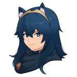  1girl absurdres animal_ears blue_eyes blue_hair cat_ears closed_mouth fire_emblem fire_emblem_awakening hair_between_eyes highres long_hair looking_at_viewer lucina_(fire_emblem) smgold smile solo symbol_in_eye tiara turtleneck twitter_username upper_body white_background 