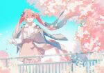  1girl absurdly_long_hair aqua_sky asymmetrical_skirt blue_sky bow bowler_hat bowtie cherry_blossoms cherry_hair_ornament cherry_hat_ornament chromatic_aberration floating_clothes floating_hair flower food-themed_hair_ornament gradient_bowtie grey_headwear grey_jacket hair_ornament hat hatsune_miku highres jacket jacket_on_shoulders lluyss long_hair long_sleeves looking_at_viewer official_alternate_costume open_mouth outdoors pink_eyes pink_flower pink_hair pink_skirt pink_theme pleated_skirt puffy_long_sleeves puffy_sleeves sakura_miku sakura_miku_(rella) shirt skirt sky sleeve_cuffs sleeves_past_wrists smile solo twintails two-sided_fabric two-sided_jacket very_long_hair vocaloid wavy_hair white_bow white_bowtie white_shirt 