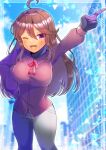  1girl ;d ahoge android arm_up black_gloves blurry blurry_background blush breasts brown_hair cawmfy collared_shirt commentary_request commission depth_of_field dress_shirt gloves grey_pants hair_between_eyes index_finger_raised indie_virtual_youtuber kou_hiyoyo long_hair long_sleeves looking_at_viewer medium_breasts neck_ribbon one_eye_closed pants puffy_long_sleeves puffy_sleeves purple_shirt red_eyes red_ribbon ribbon shirt skeb_commission smile solo star_(symbol) very_long_hair virtual_youtuber 