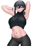  1girl armpits arms_up bracelet breasts crop_top cropped_sweater glasses highres jewelry large_breasts midriff navel original revian_samuel_dani sleeveless smirk tomboy turtleneck 