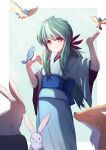  1girl absurdres animal aqua_hair bird bird_on_hand bow hair_bow highres japanese_clothes kimono long_sleeves obi rabbit red_bow red_eyes sash sidelocks smile soi_(wxes9550505) wide_sleeves wolf yu_yu_hakusho yukata yuki_onna yukina_(yu_yu_hakusho) 