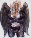  1boy ame_ekai black_jacket black_pants black_wings closed_mouth crossed_arms dark-skinned_male dark_skin facial_tattoo fire frilled_shirt_collar frills frown grey_background highres jacket king_(one_piece) long_bangs long_hair male_focus one_piece pants pectoral_cleavage pectorals red_eyes shirt simple_background skull_print solo tattoo white_hair white_shirt wings 