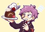  1boy ahoge bird black_jacket cake clenched_teeth collared_shirt commentary_request employee_(lobotomy_corporation) flying_sweatdrops food hatake_shimeji holding holding_plate jacket lobotomy_corporation long_sleeves monocle necktie outline pink_hair plate project_moon punishing_bird red_armband red_necktie shirt short_hair simple_background sweat teeth white_bird white_outline white_shirt yellow_background 