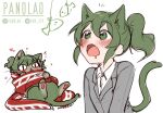  1girl animal_ears animalization artist_name cat_ears cat_girl cat_tail commentary drooling dual_persona english_commentary fang green_eyes green_hair igarashi_futaba_(shiromanta) kemonomimi_mode office_lady open_mouth panqlao ponytail red_scarf scarf senpai_ga_uzai_kouhai_no_hanashi tail watermark 