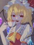  1girl :d ascot blonde_hair crystal cup flandre_scarlet grey_background hand_up hat holding holding_cup karumia mob_cap open_mouth red_eyes red_vest simple_background smile solo teeth touhou upper_body vest wings yellow_ascot 
