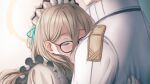  1boy 1girl akane_(blue_archive) black-framed_eyewear blue_archive blush closed_eyes commentary glasses gloves hair_between_eyes halo hetero hug jacket junu_(jwoo5627) light_brown_hair maid_headdress sensei_(blue_archive) upper_body white_gloves white_jacket 