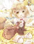  1girl animal_ears animal_hands bed bed_sheet blonde_hair blush bow bowtie cat_paws cup fox_tail highres moco_ofuton original pillow red_bow red_bowtie red_ribbon ribbon smile star_(symbol) tail thigh-highs twintails uwu white_thighhighs yellow_eyes 