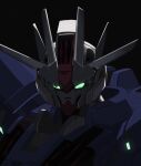  black_background doodlebird14 glowing glowing_eyes green_eyes gundam gundam_aerial_rebuild gundam_suisei_no_majo highres looking_at_viewer mecha mobile_suit no_humans portrait robot science_fiction simple_background solo v-fin 