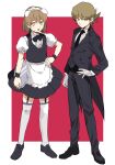  1boy 1girl animal_ears apron black_bow black_bowtie black_footwear black_jacket black_necktie black_pants black_skirt black_vest bow bowtie butler closed_mouth collared_shirt commentary_request dog_ears employee_(lobotomy_corporation) flat_chest frilled_apron frilled_sleeves frills garter_straps gloves hand_on_own_hip jacket light_brown_hair lobotomy_corporation long_sleeves maid maid_apron maid_headdress medu_(rubish) necktie open_mouth original pants project_moon puffy_short_sleeves puffy_sleeves shirt short_hair short_sleeves sketch skirt smile thigh-highs vest white_apron white_gloves white_shirt white_thighhighs yellow_eyes 