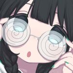  1girl :o absurdres black_hair braid coke-bottle_glasses fingernails glasses hands_on_eyewear highres idolmaster idolmaster_shiny_colors looking_at_viewer looking_over_eyewear nail_polish oalatao official_alternate_hair_color serizawa_asahi solo twin_braids 