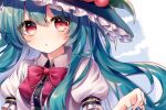  1girl black_headwear blue_hair bow bowtie commentary frilled_hat frills hat hinanawi_tenshi long_hair looking_at_viewer open_mouth pudding_(skymint_028) red_bow red_bowtie red_eyes short_sleeves solo symbol-only_commentary touhou upper_body 