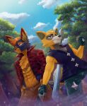  2boys absurdres fighting_stance forest fox_boy from_below furry furry_male gloves highres jacket multiple_boys nature non-web_source orange_fur sky sparkitty sword weapon 