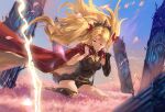  1girl absurdres asymmetrical_legwear asymmetrical_sleeves black_leotard black_nails black_thighhighs blonde_hair cape chiaspicy closed_mouth commentary_request earrings ereshkigal_(fate) fate/grand_order fate_(series) floating_hair gold_trim hair_ribbon half-closed_eyes highres jewelry leotard mixed-language_commentary parted_bangs petals red_cape red_ribbon ribbon seiza single_sleeve single_thighhigh sitting solo spine thigh-highs tiara two-tone_cape two_side_up yellow_cape 