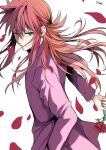  1boy absurdres closed_mouth flower green_eyes hair_between_eyes hand_in_pocket highres holding holding_flower kurama_(yu_yu_hakusho) long_hair long_sleeves looking_at_viewer male_focus minato_x3710 petals red_flower red_rose redhead rose rose_petals school_uniform sidelocks solo white_background yu_yu_hakusho 