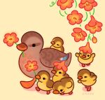  animal animal_focus artist_name bird black_eyes commentary duck duckling english_commentary flower full_body mallard mother_and_child mouth_hold no_humans one_eye_closed orange_flower original pikaole simple_background solid_circle_eyes trumpet_creeper walking watermark yellow_background 